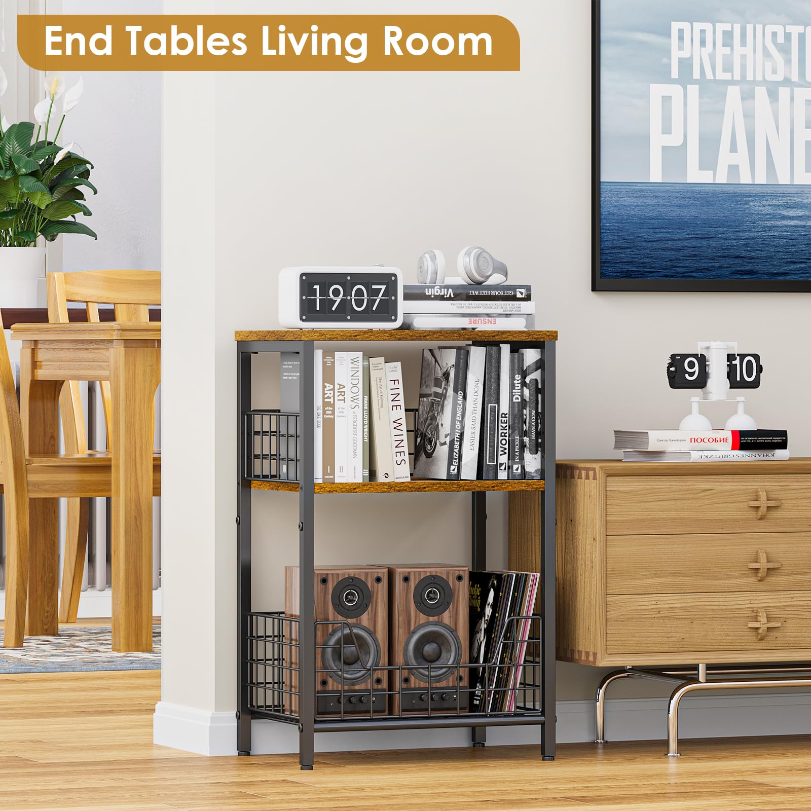 X-cosrack rustic brown and black end table shown with open shelves for organized albums.