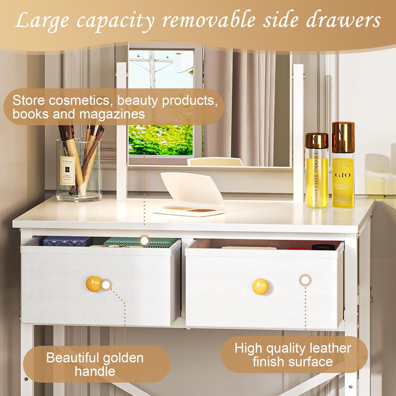 X-cosrack fabric drawer detail, keeps cosmetics and jewelry neatly organized