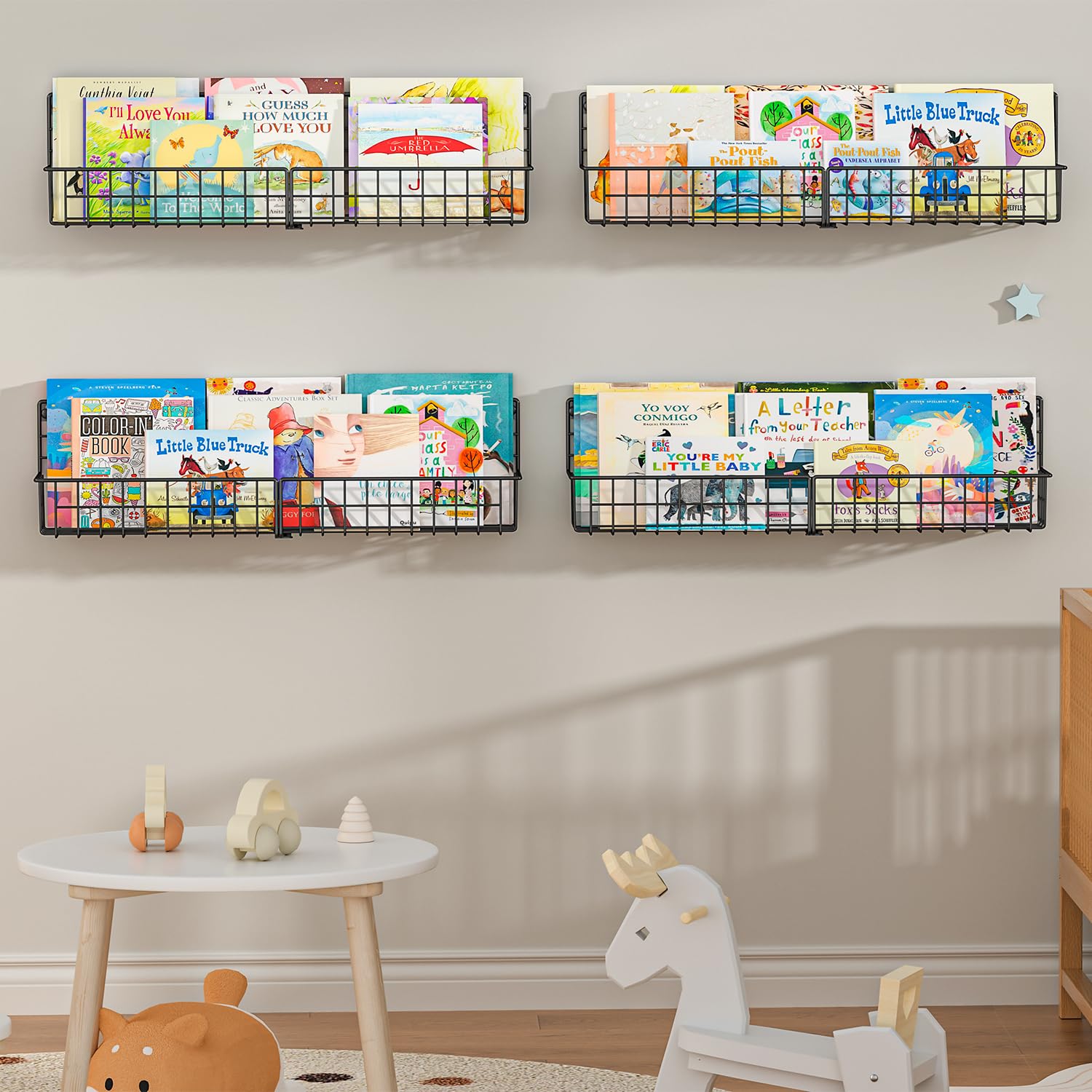 X-cosrack floating metal book shelves in a kid's room for tidy organization