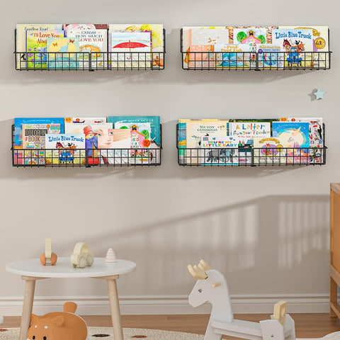 X-cosrack floating metal book shelves in a kid's room for tidy organization