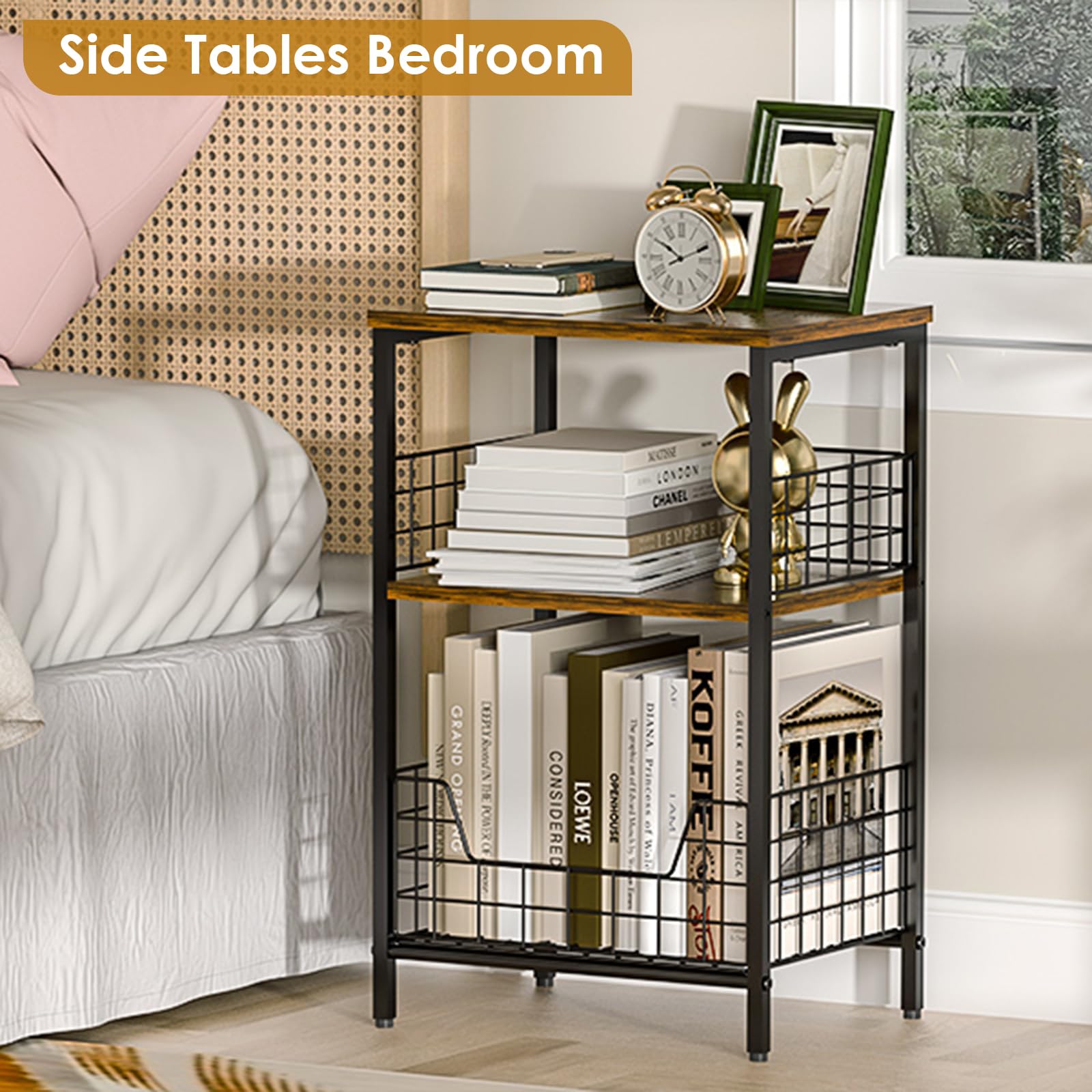 X-cosrack open storage basket shelf for quick access to essentials and records.