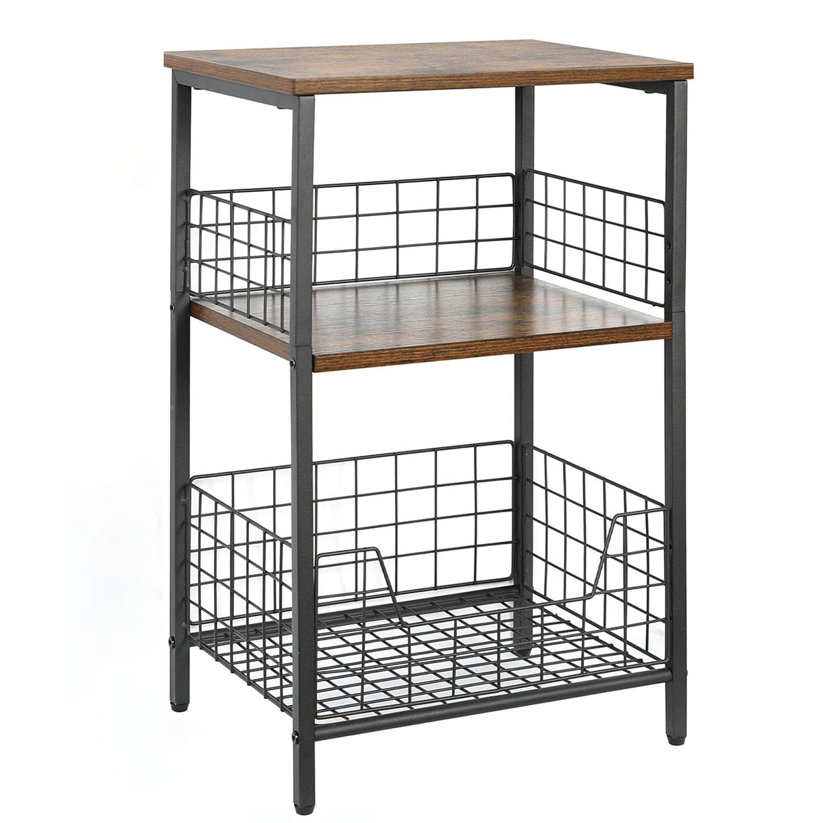X-cosrack side table with three tiers ideal for vinyl storage and compact living spaces.