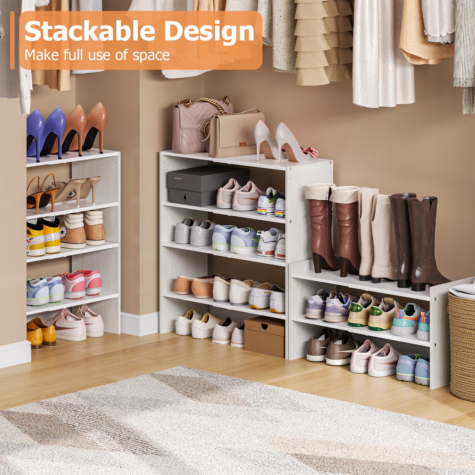 X-cosrack Stackable Shoe Rack demonstrating expandable configurations for small spaces