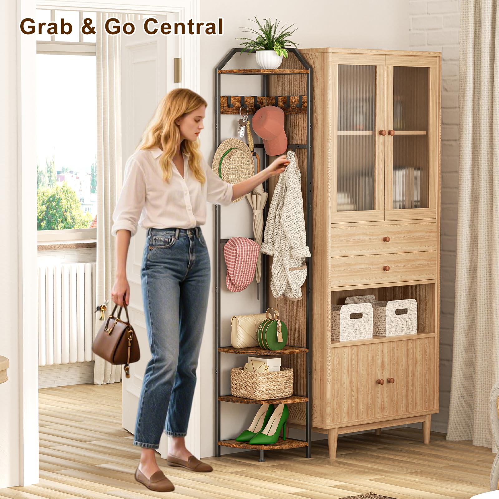 X-cosrack ten movable hooks provide versatile hanging for outerwear and accessories.