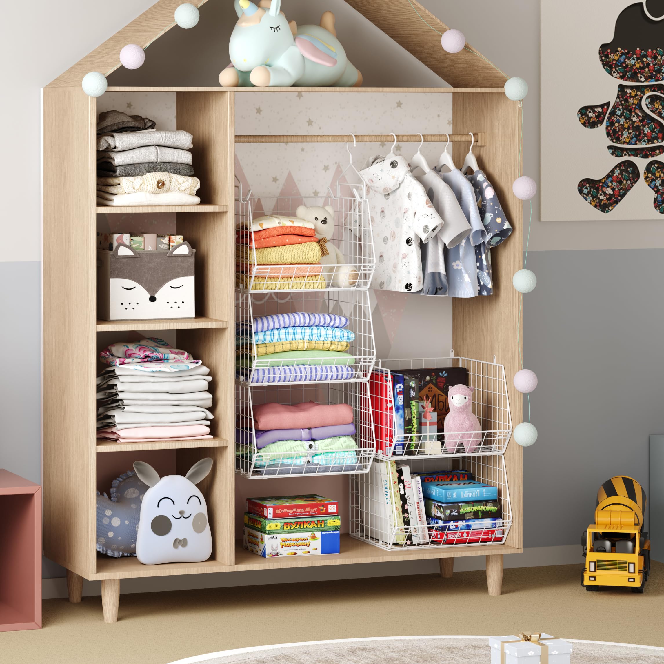 X-cosrack wire storage baskets offer clear visibility for quick item retrieval.