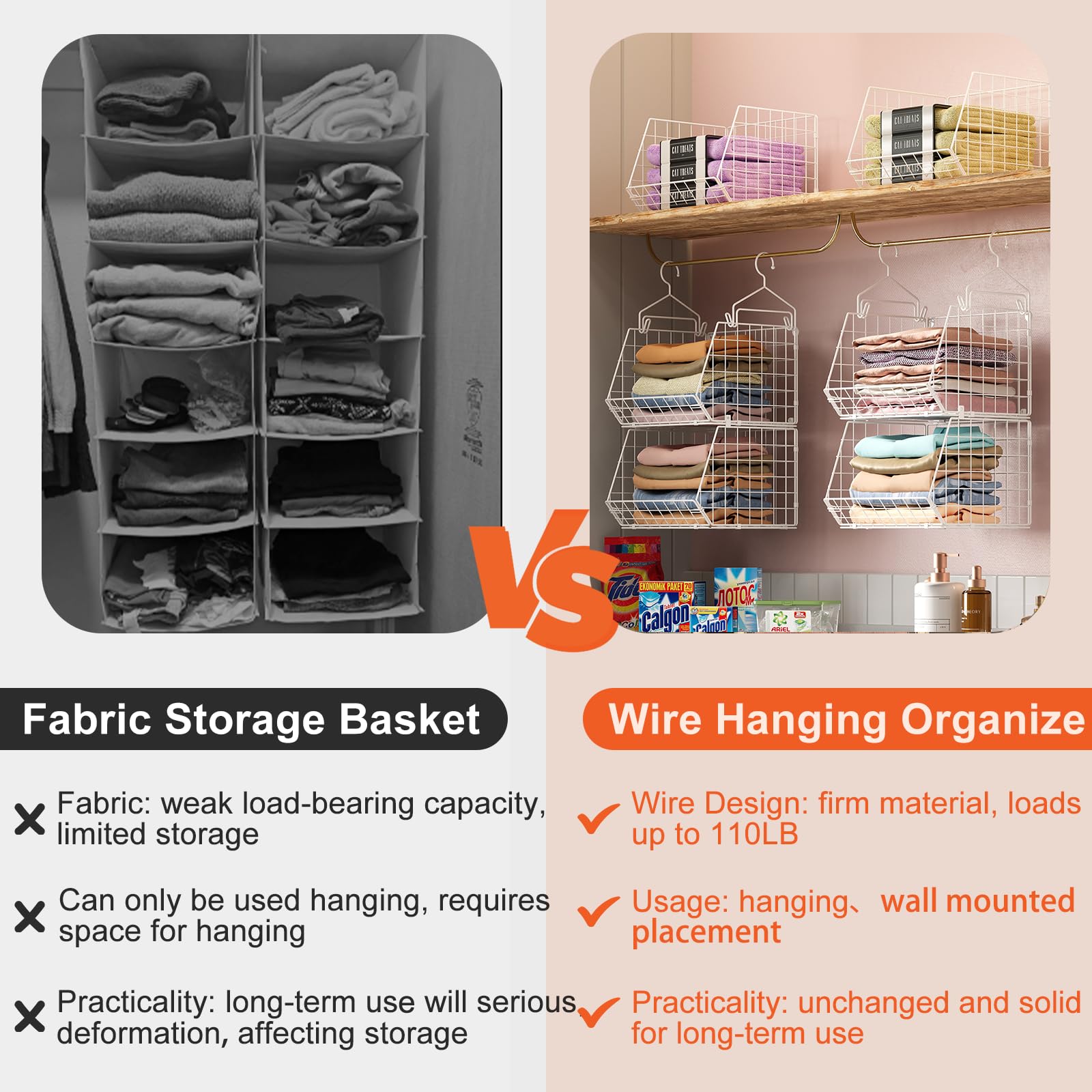 X-cosrack wire storage baskets provide visible, easy-access organization for shirts, sweaters, and shoes.
