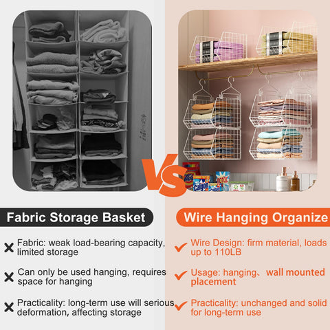X-cosrack wire storage baskets provide visible, easy-access organization for shirts, sweaters, and shoes.