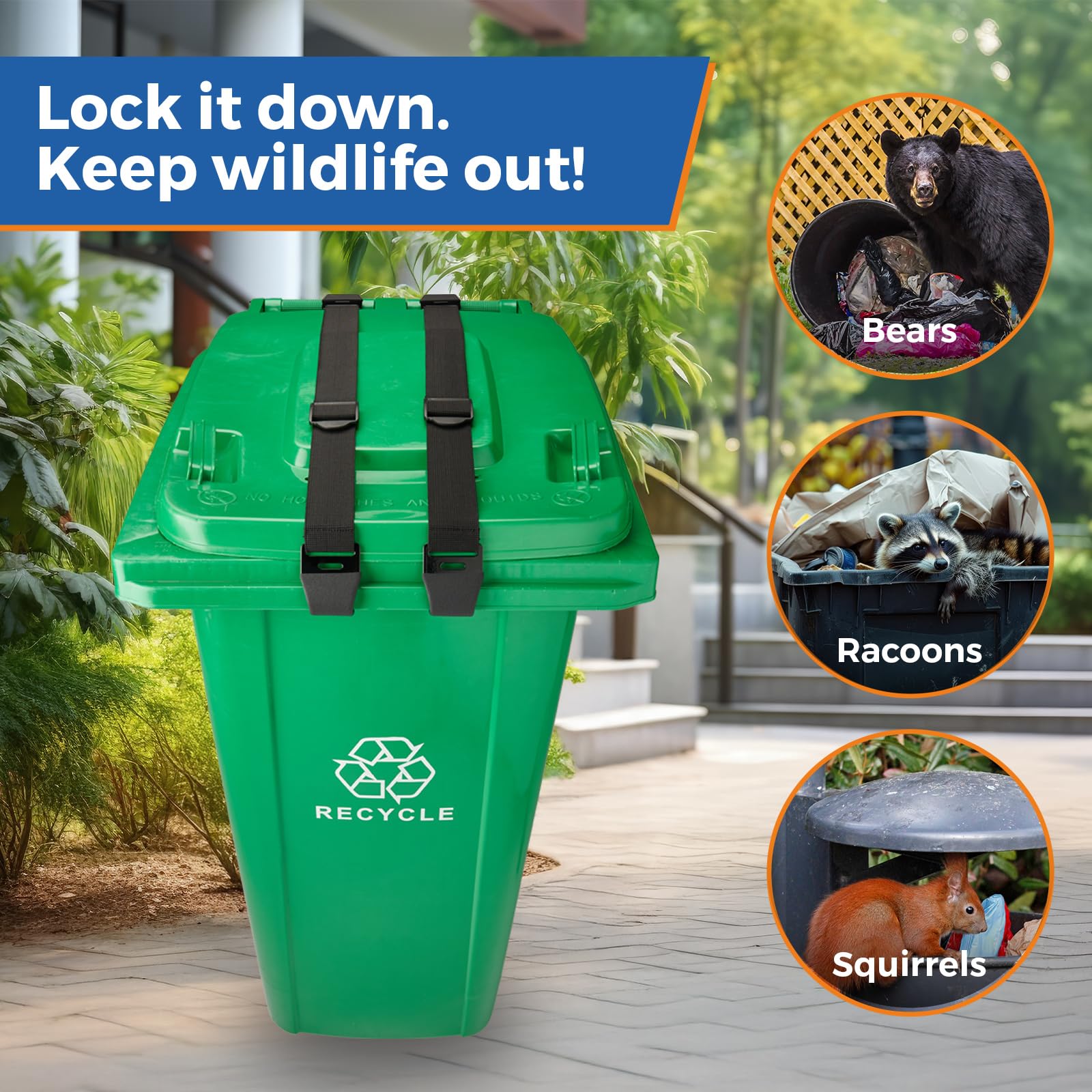 X-Partner adjustable-strap lid-lock fits 32-96 gallon cans securely.