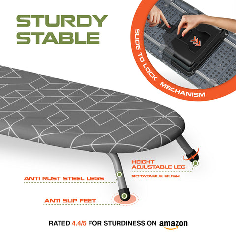 XABITAT D-Crease ironing board provides a large surface for efficient ironing