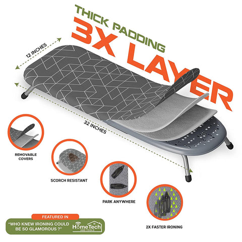 XABITAT foldable ironing board with iron holder stores neatly in small spaces