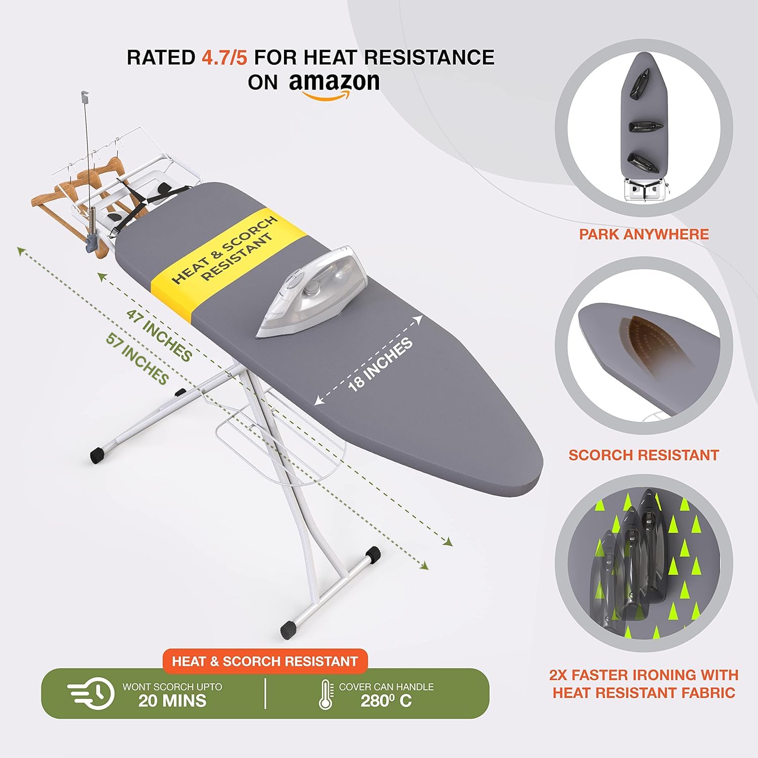 XABITAT ironing board includes built-in storage tray for finished clothes.