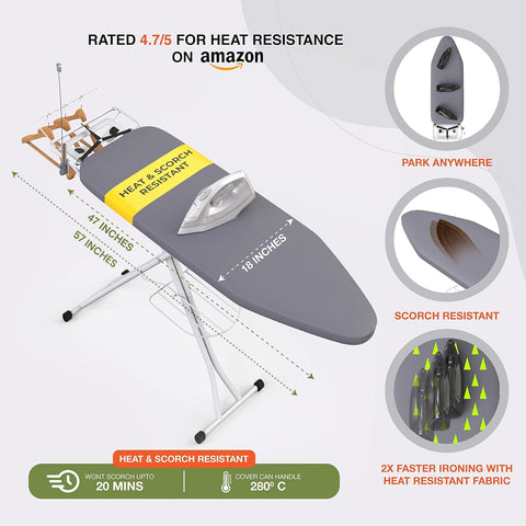 XABITAT ironing board includes built-in storage tray for finished clothes.