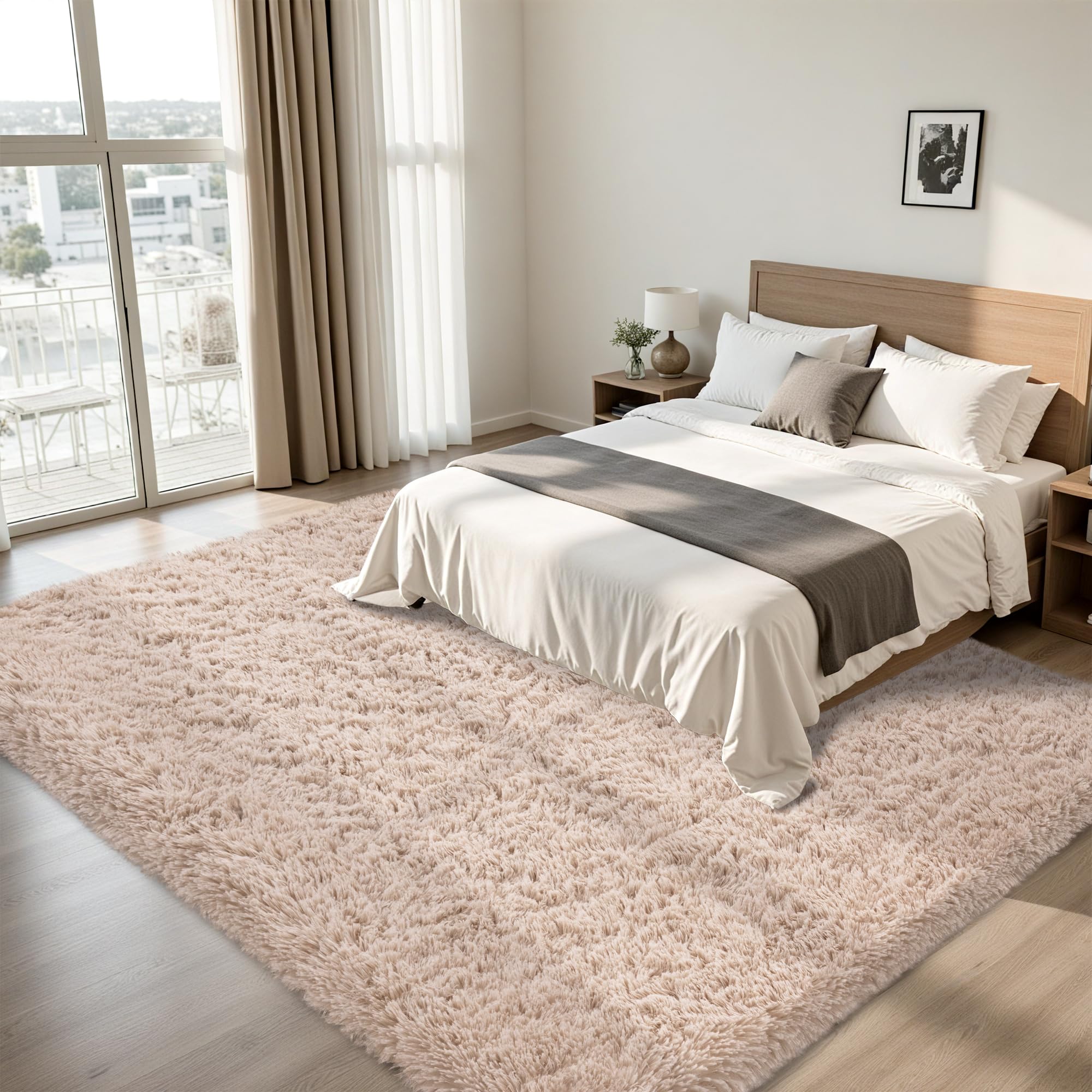 Xafir beige plush rug close-up showing microfiber pile texture.