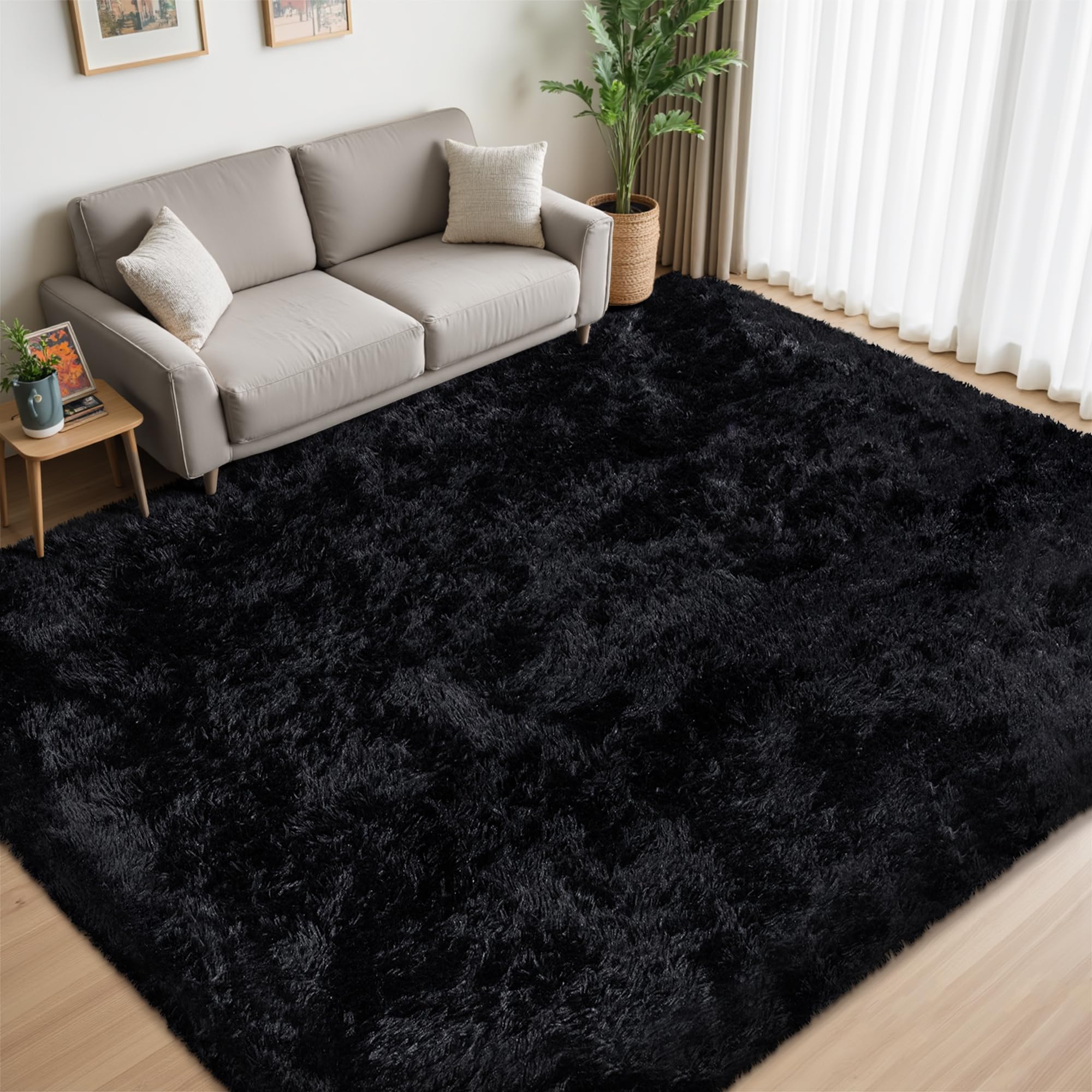 Xafir black fluffy rug with non-slip bottom for safer spaces