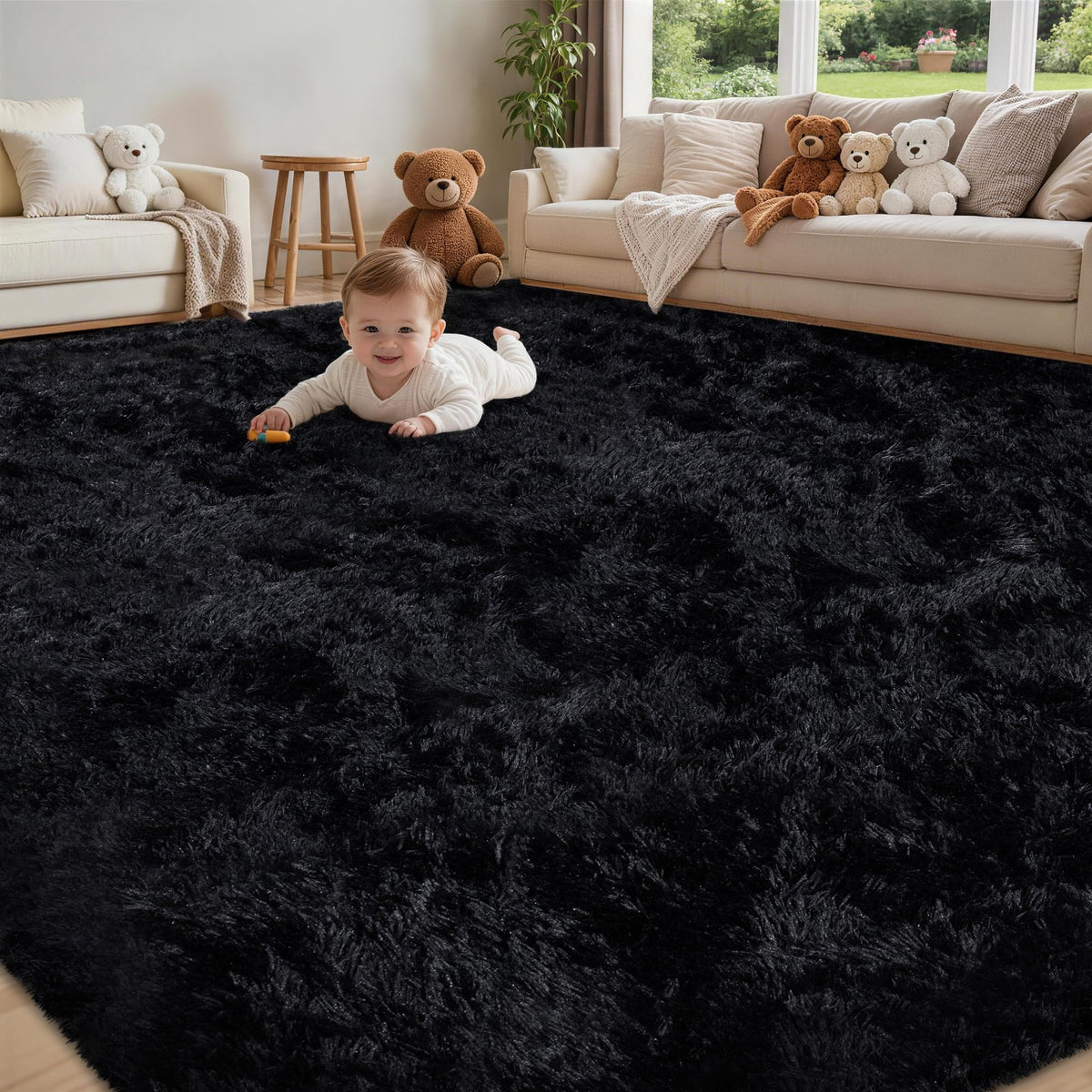 Xafir ultra-soft black 5x7 living room rug adds plush comfort to floors.