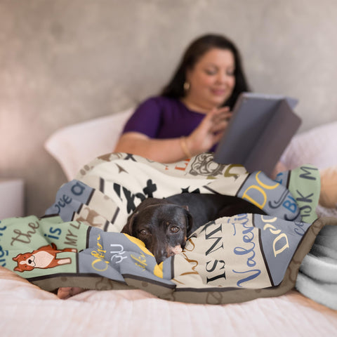 XALAZY Mothers Day blanket on couch, ideal for relaxing dog lovers