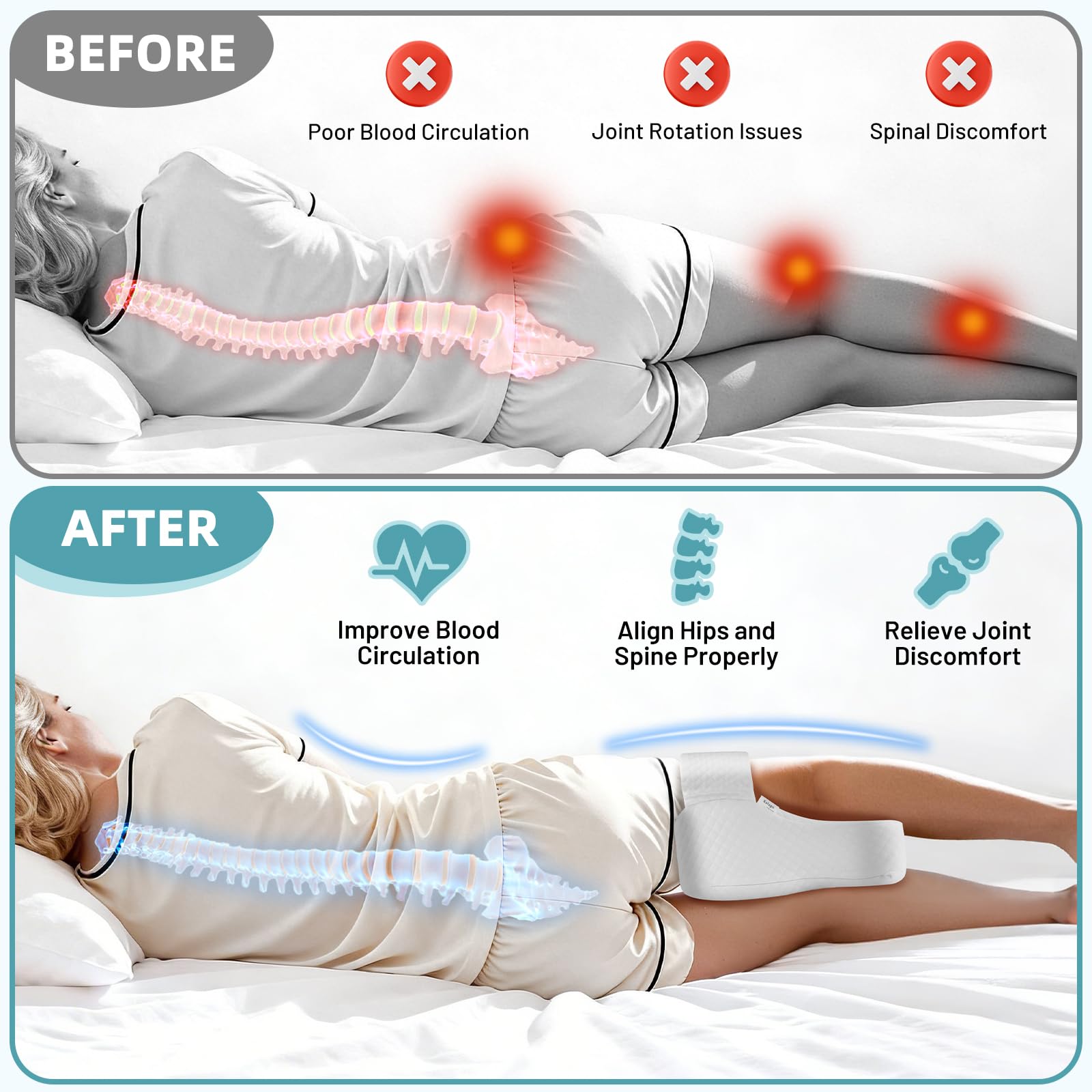 Xalugn knee pillow with non-slip grips stays in place during sleep.