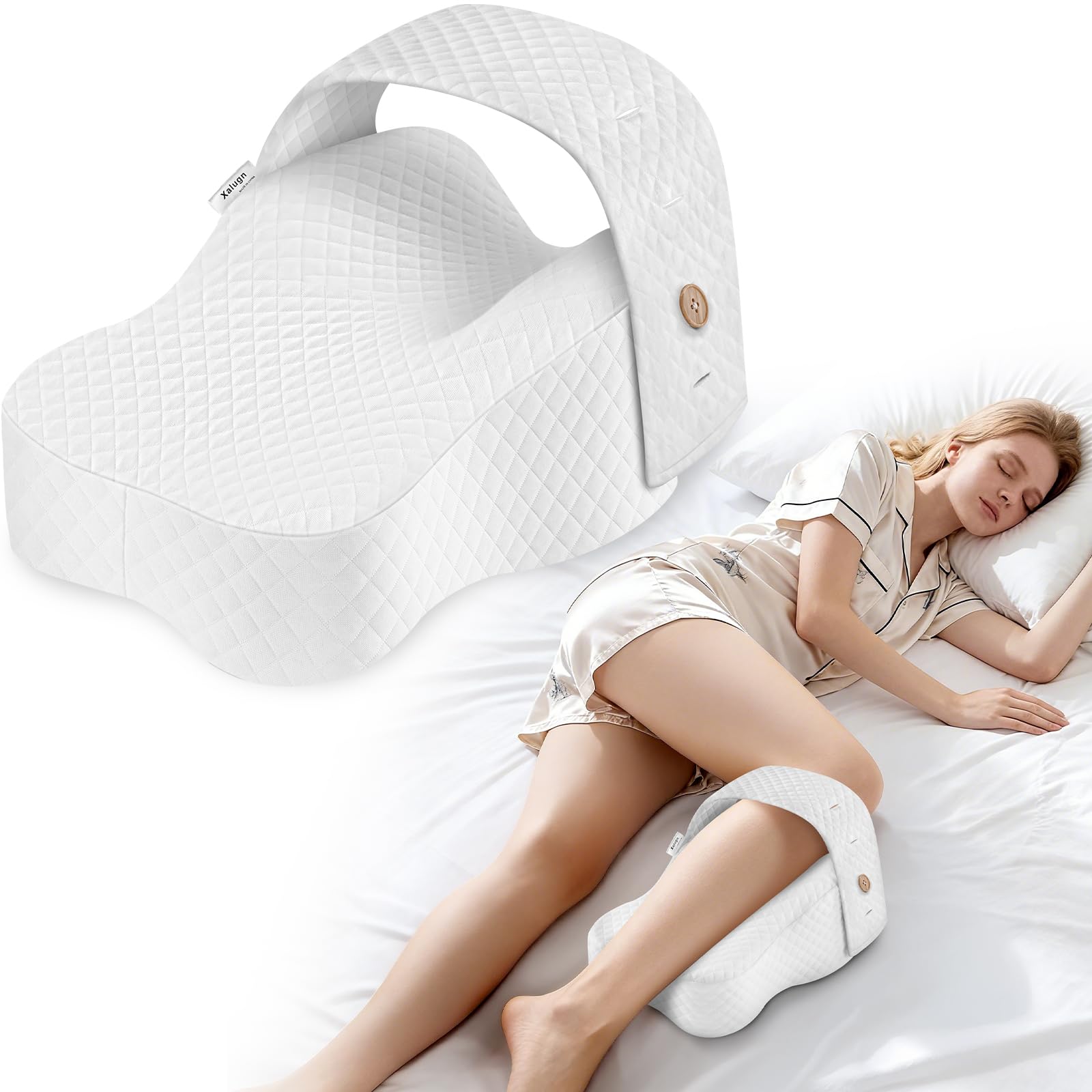 Xalugn knee pillow contour design supports natural spine alignment for side sleepers.