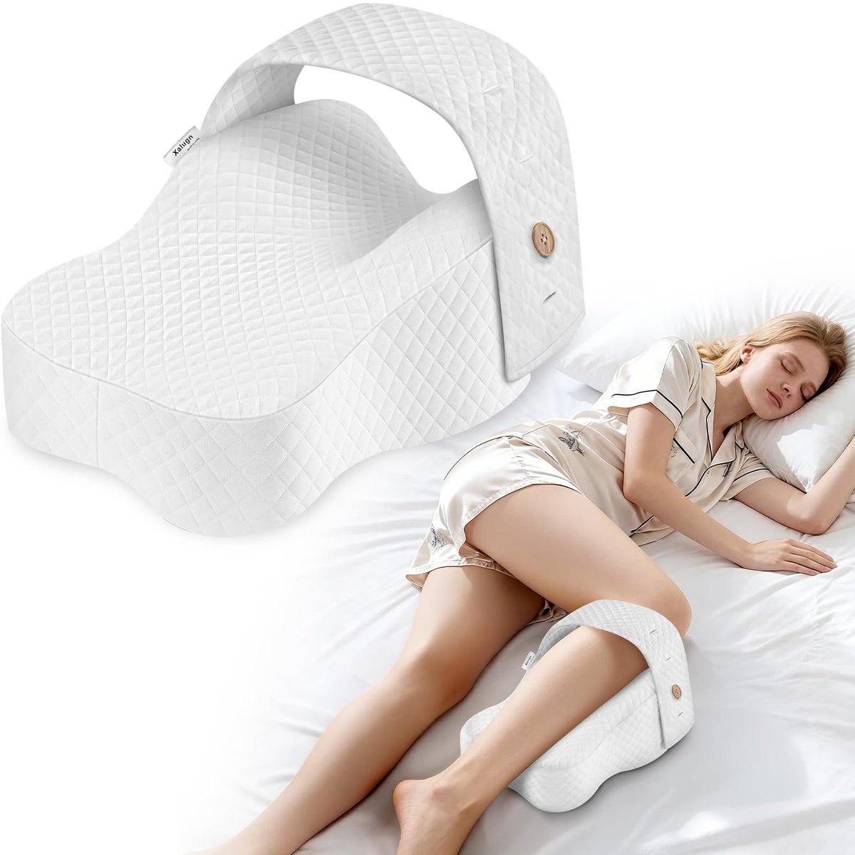 Xalugn knee pillow contour design supports natural spine alignment for side sleepers.
