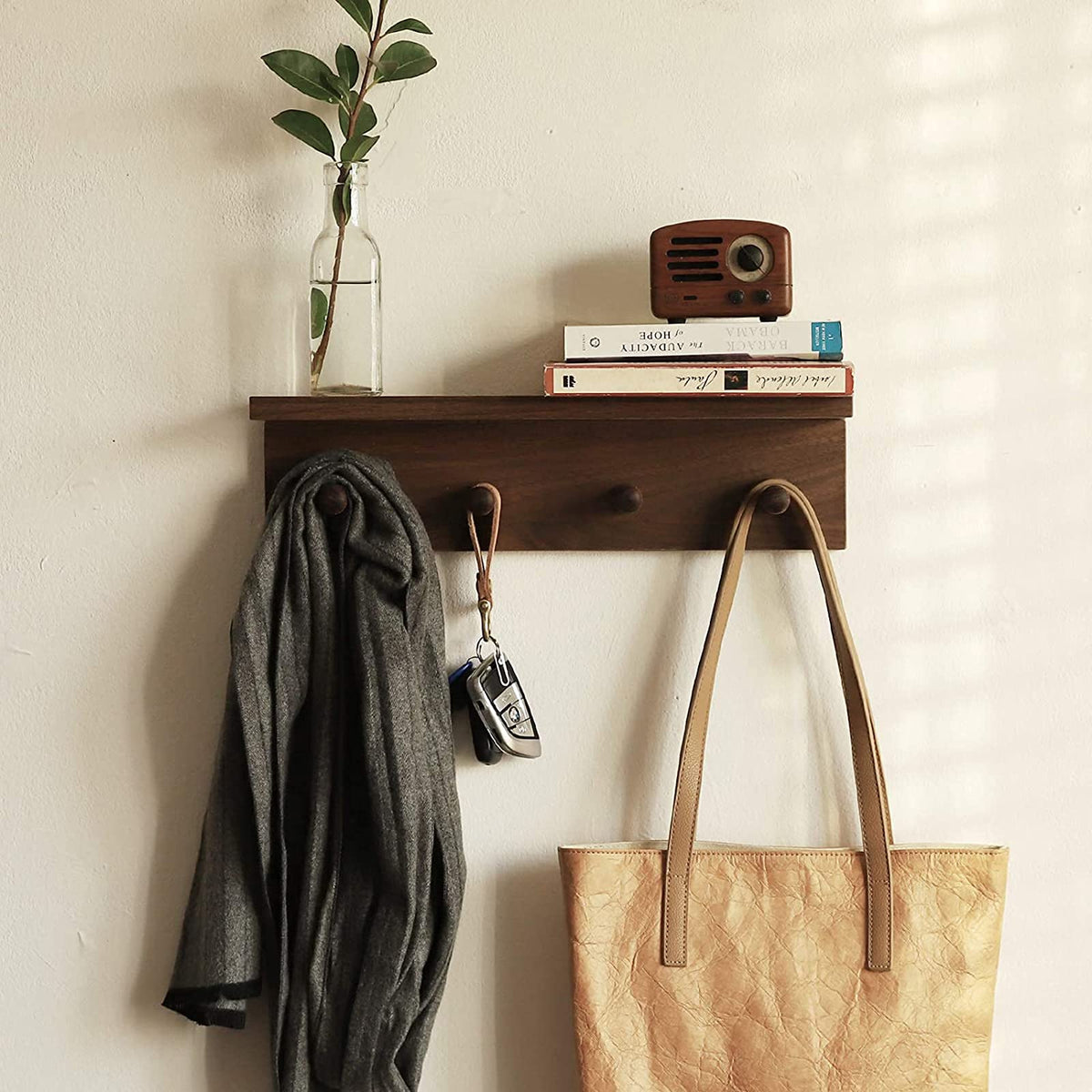 XAOMLP entrance coat rack with walnut finish mounted on wall for organized entryway storage