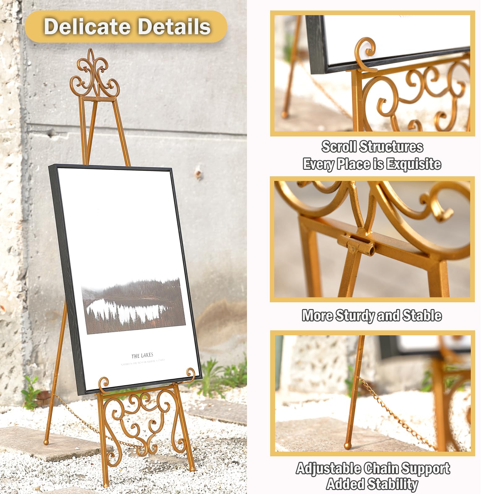 XAONIEN gold metal scroll easel close-up of three adjustable tiers