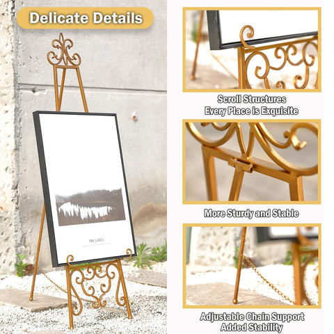 XAONIEN gold metal scroll easel close-up of three adjustable tiers