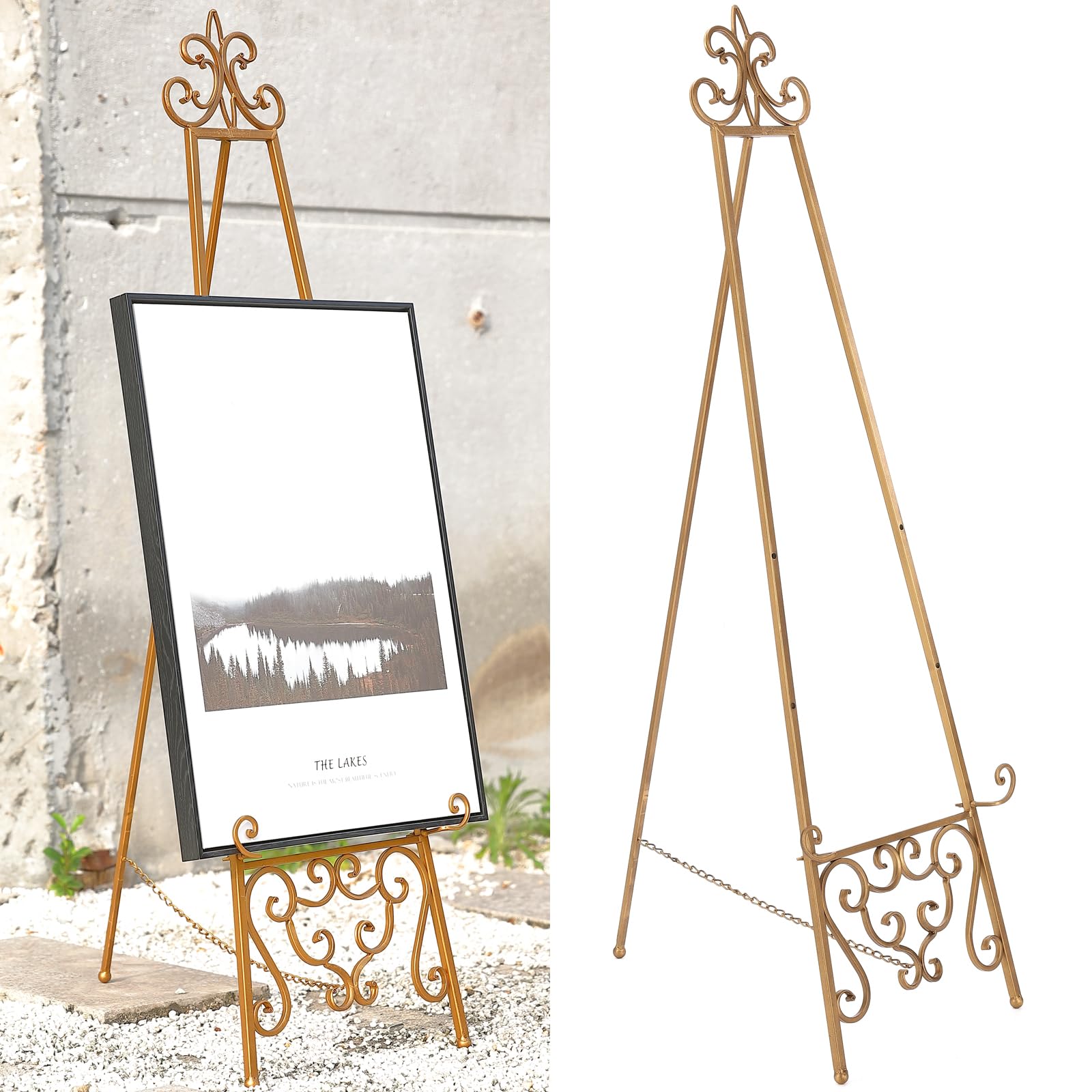 XAONIEN gold metal scroll easel front view with adjustable height for signs