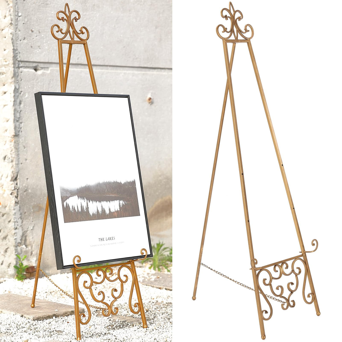 XAONIEN gold metal scroll easel front view with adjustable height for signs