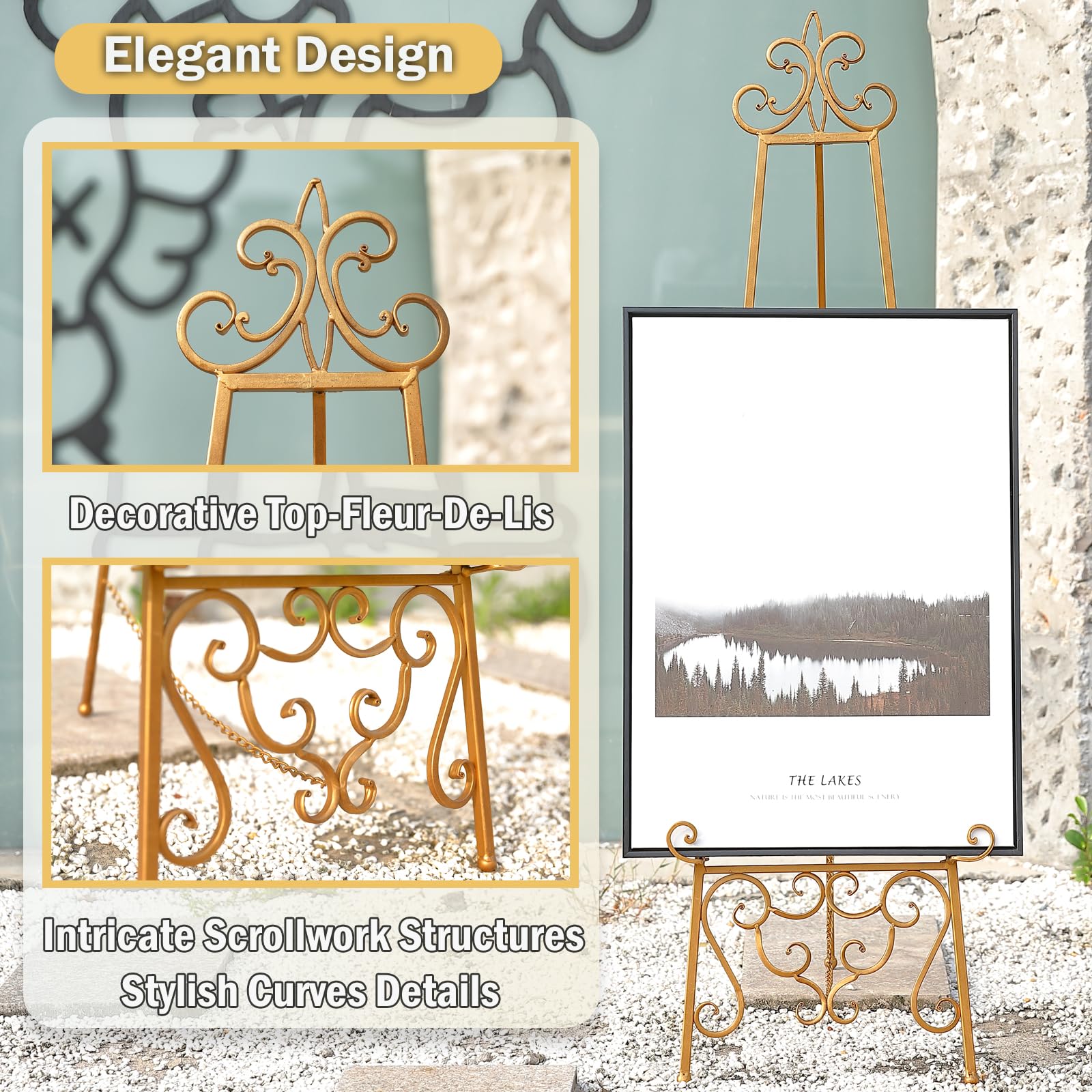 XAONIEN gold metal scroll easel side view highlighting sturdy base for displays