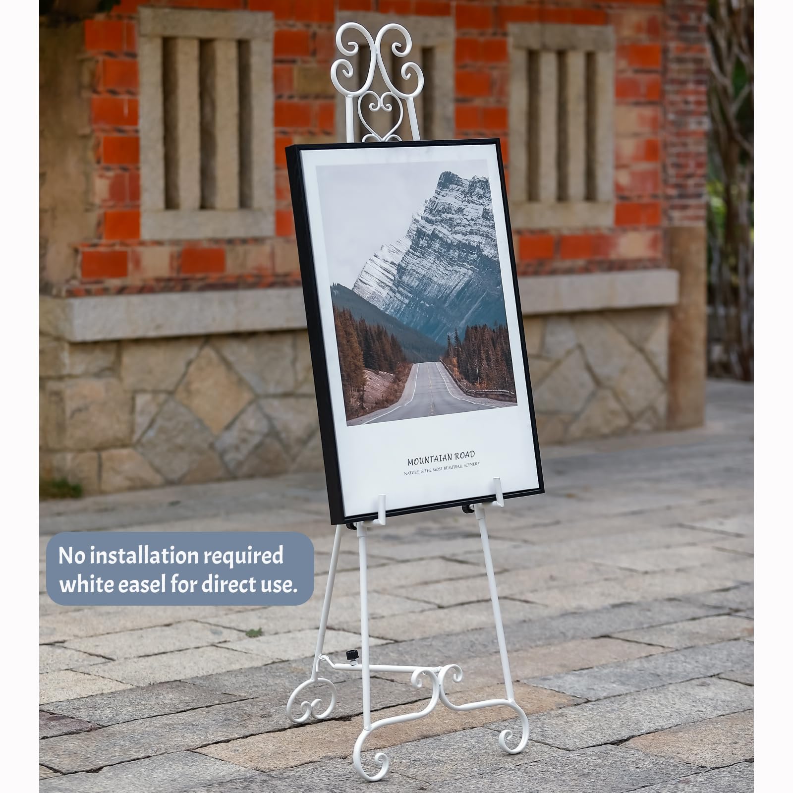 XAONIEN sturdy easel sign holder balancing a framed sign securely