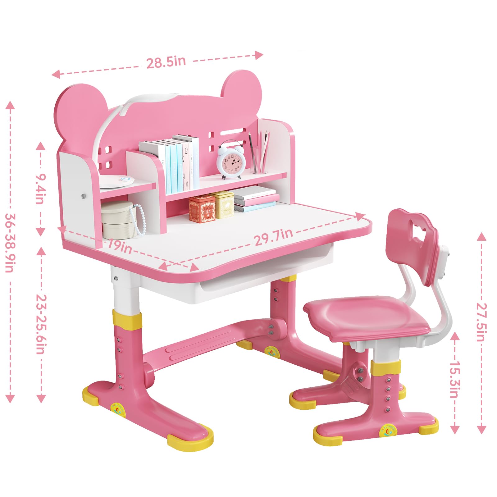 Xaperexi Kids Desk pink bookstand keeps books organized during study.