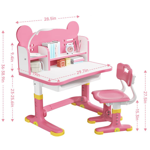 Xaperexi Kids Desk pink bookstand keeps books organized during study.