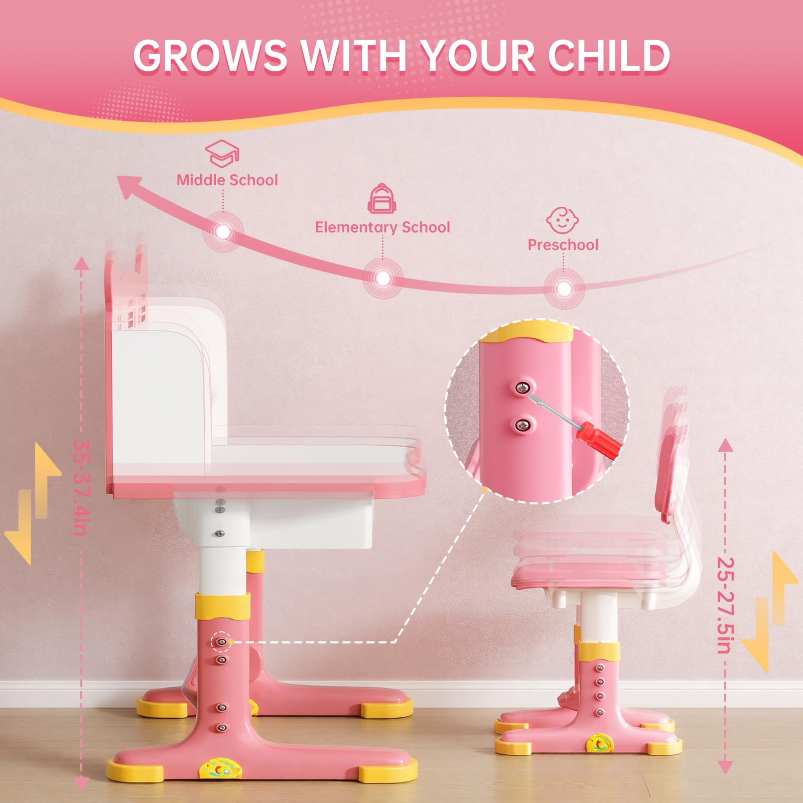 Xaperexi Kids Desk pink drawer for pencils and small supplies.