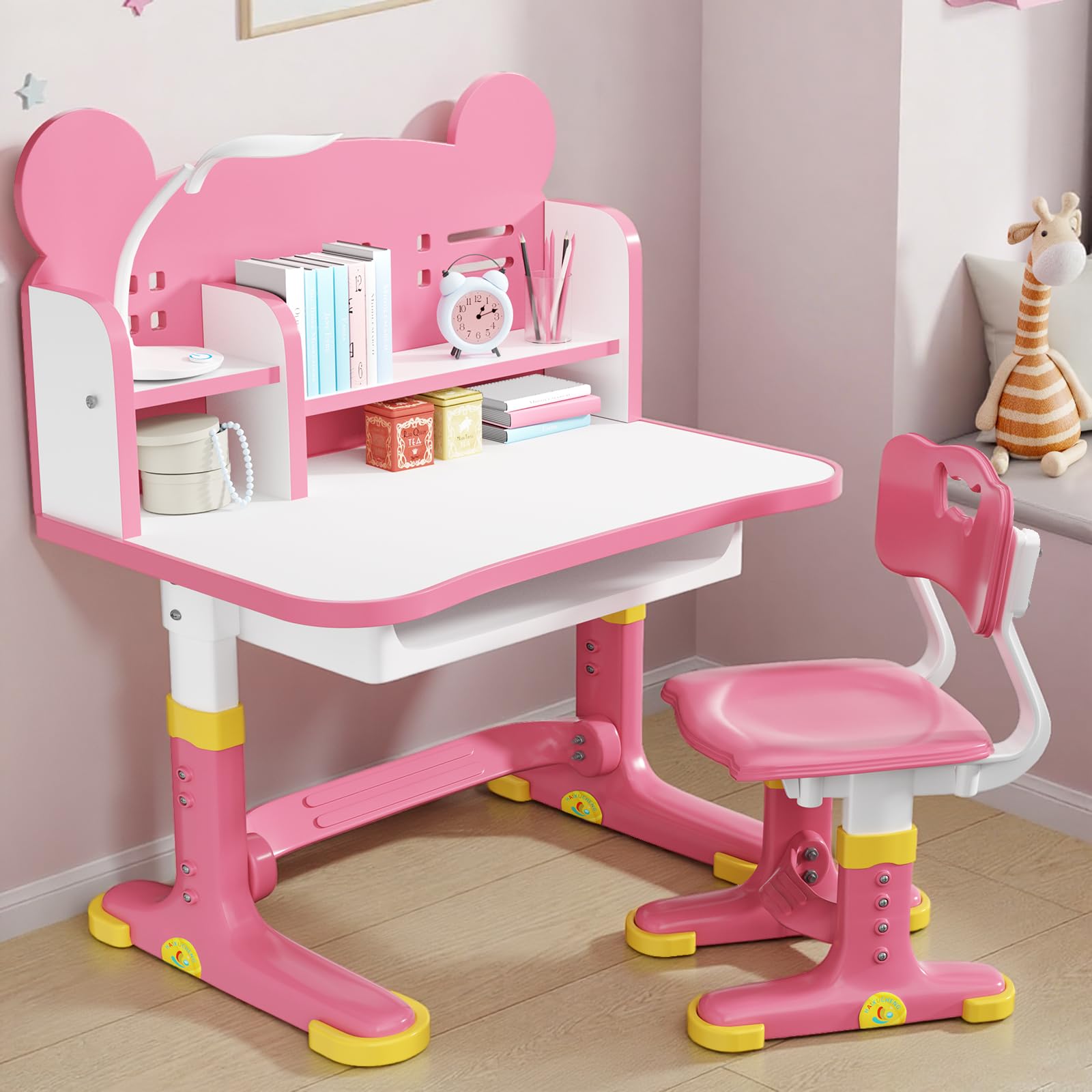 Xaperexi Kids Desk pink wide surface for comfortable writing and drawing.