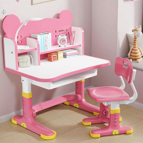 Xaperexi Kids Desk pink wide surface for comfortable writing and drawing.