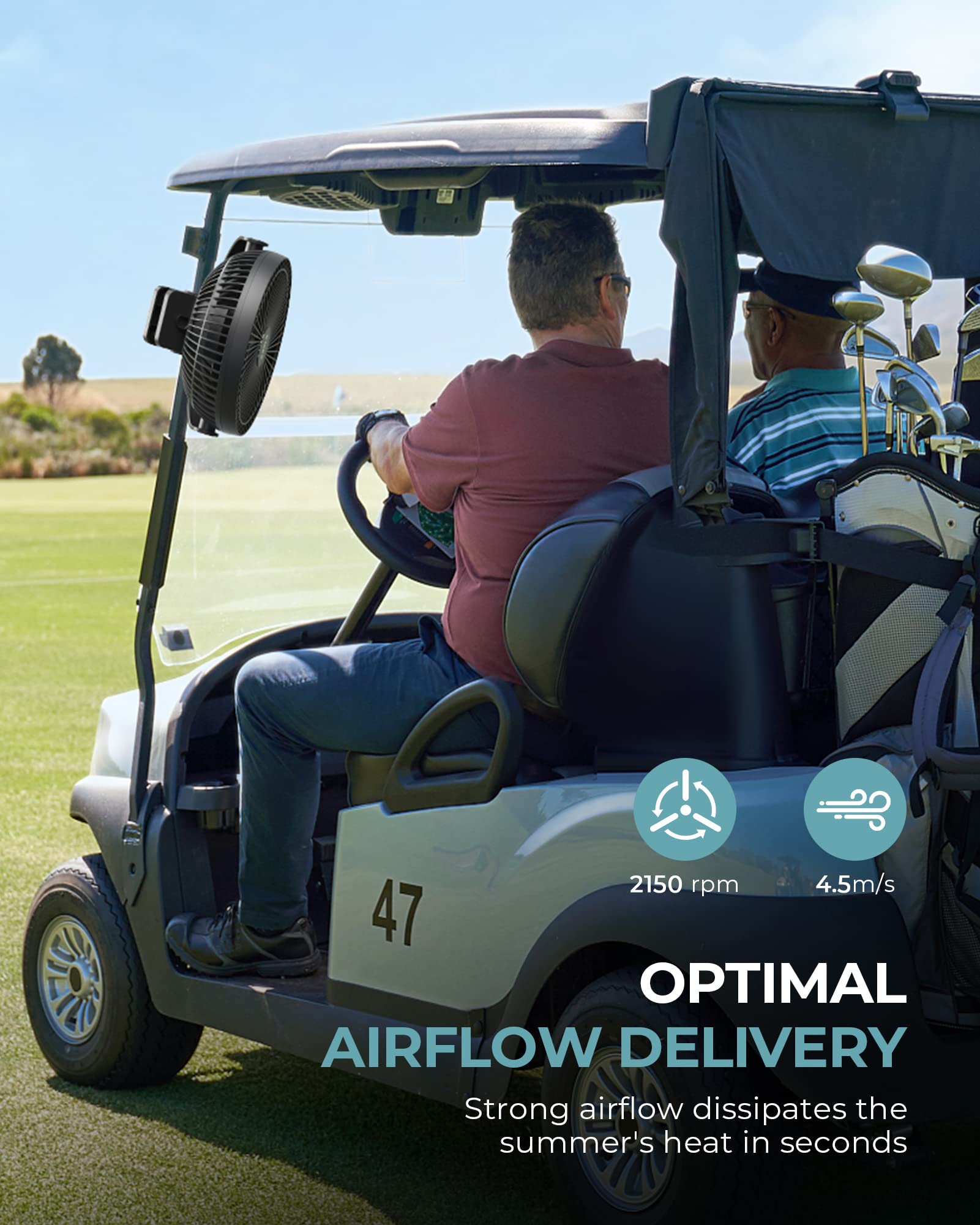 Xasla clip-on fan mounted on a golf cart for on-the-go breeze
