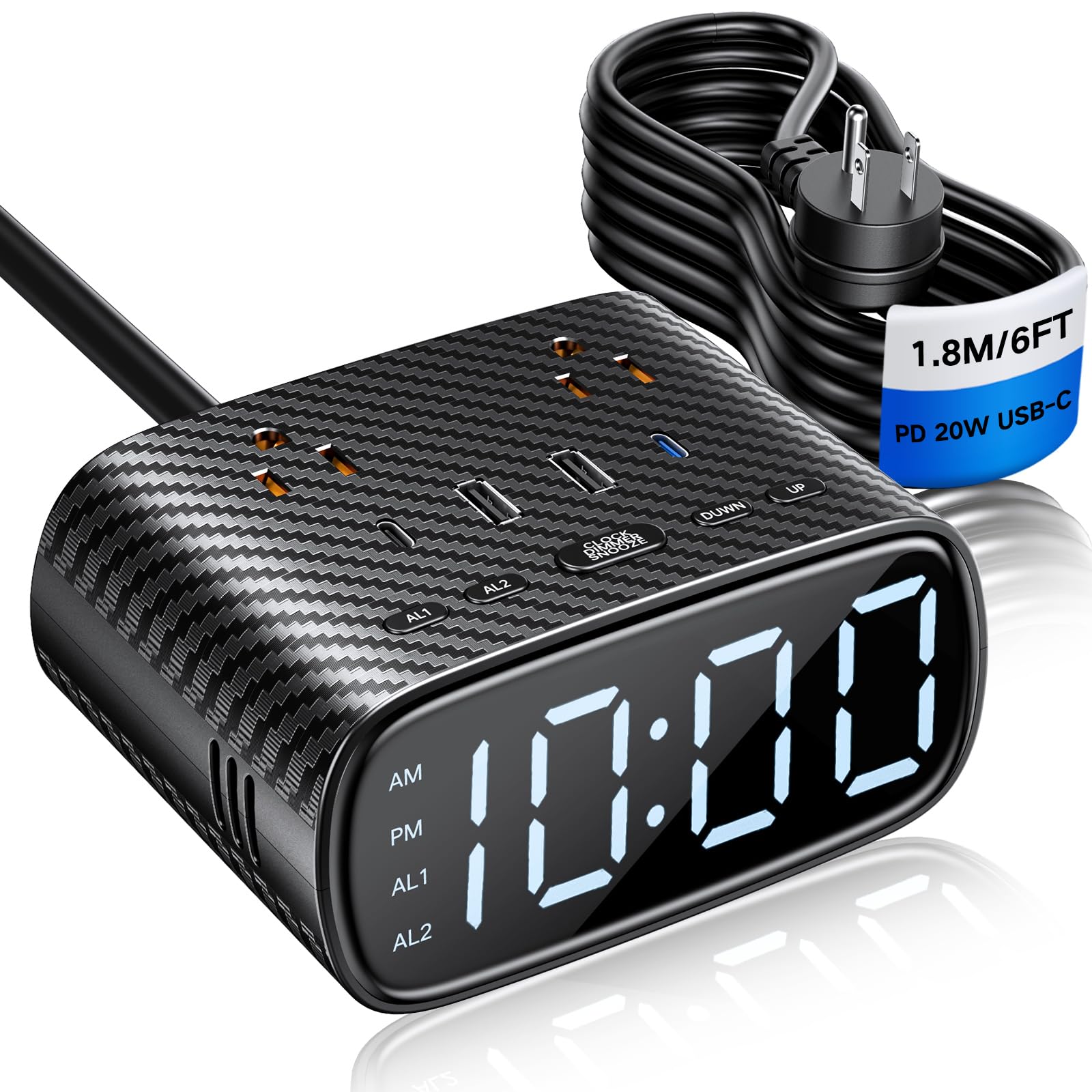 XBA digital alarm clock front view with dual alarms and USB-C charging.