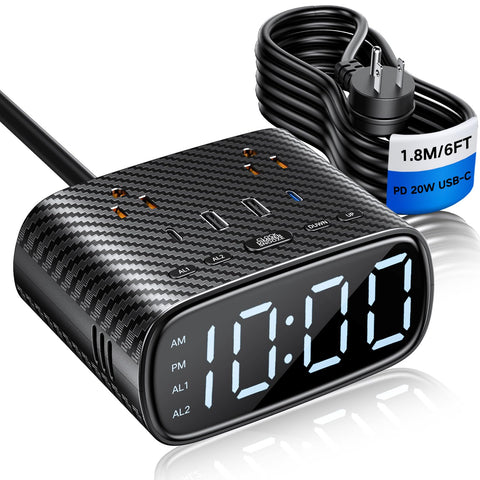 XBA digital alarm clock front view with dual alarms and USB-C charging.