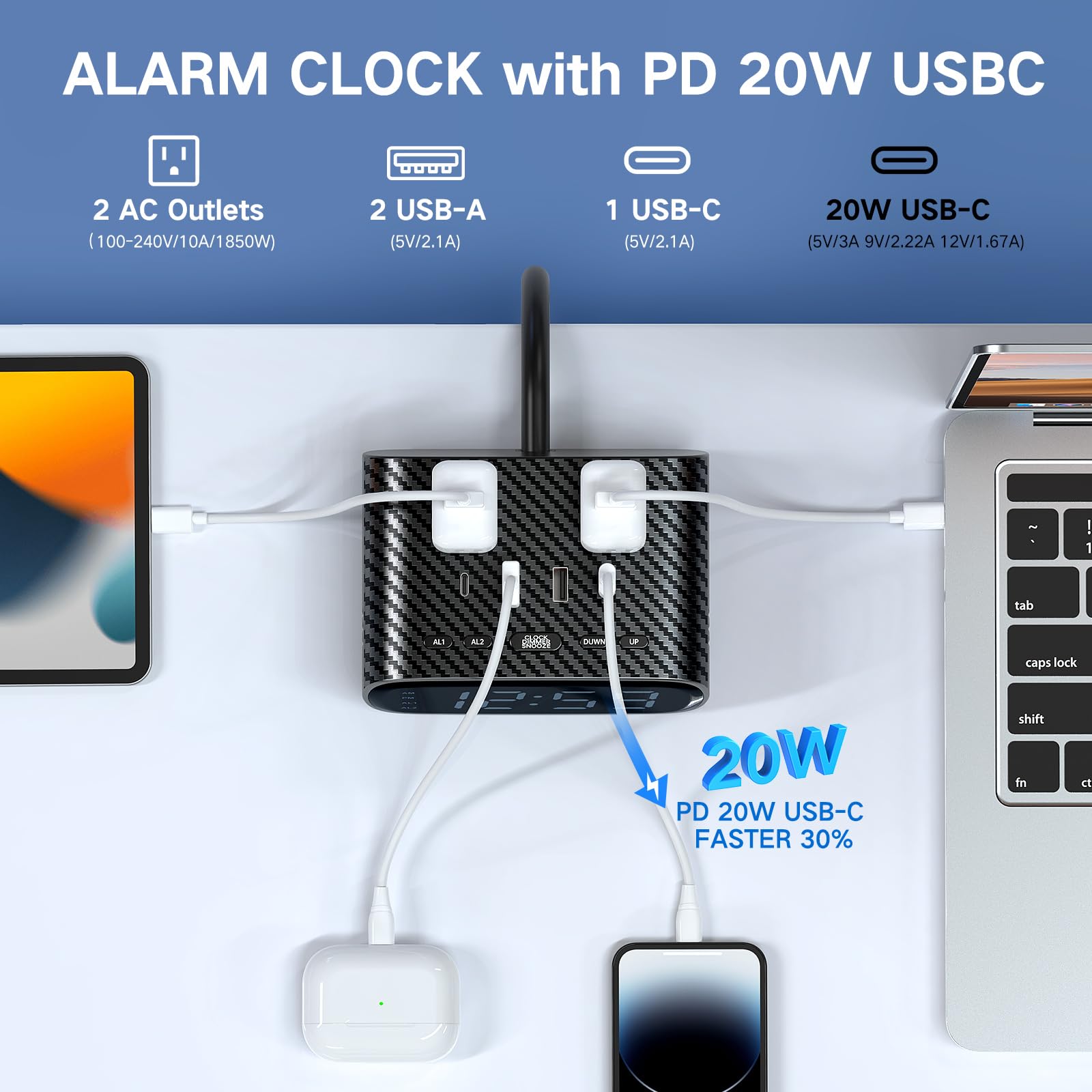 XBA digital alarm clock ports show built-in outlets and multiple USB charging options.