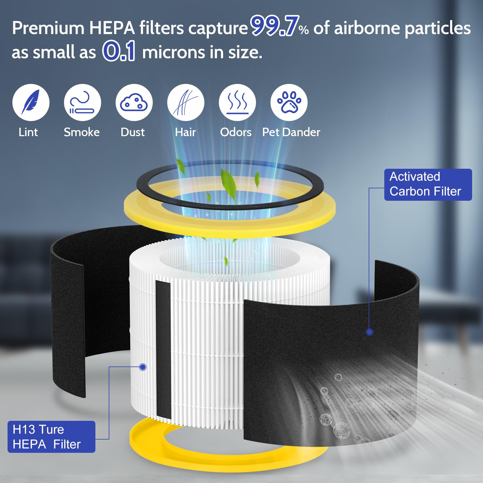 XBGG AC3000W HEPA filter close-up shows dense pleats for efficiency.