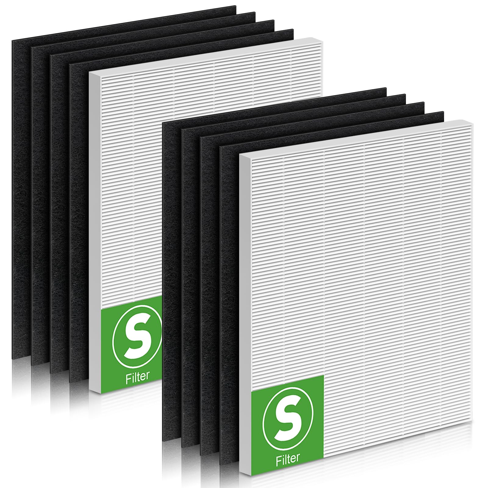 Package contents include two HEPA filters and eight pre-filters.