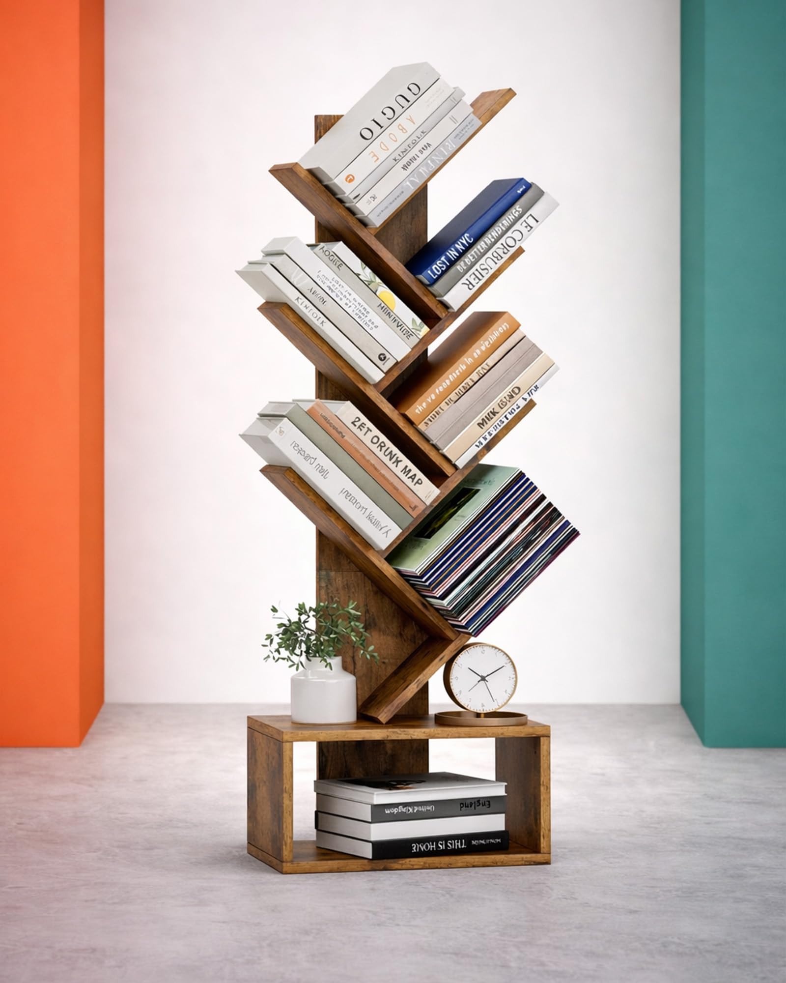XBurmo 6-tier tree shelf wood grain close-up highlights sturdy construction