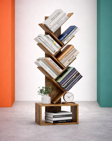 XBurmo 6-tier tree shelf wood grain close-up highlights sturdy construction