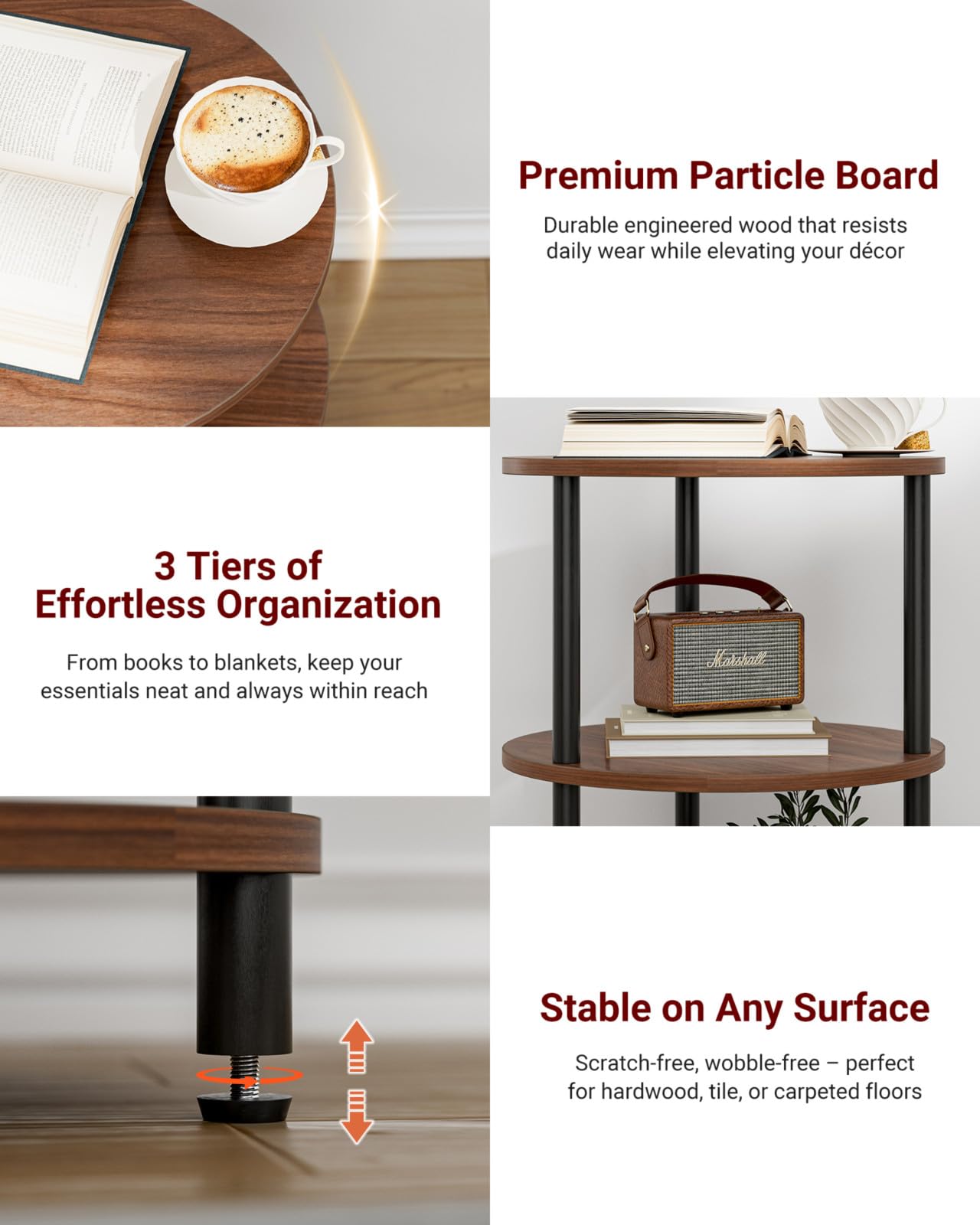 XBurmo Round Coffee Table three shelves provide organized storage for books and decor.