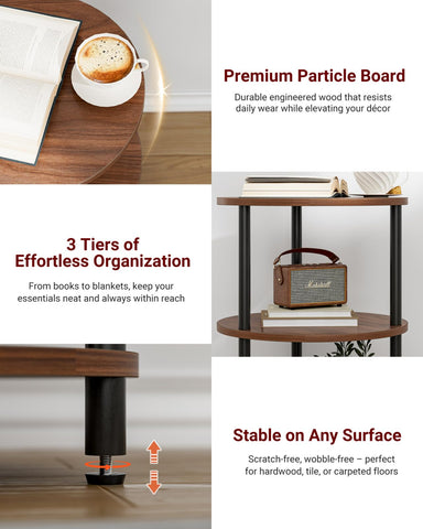 XBurmo Round Coffee Table three shelves provide organized storage for books and decor.