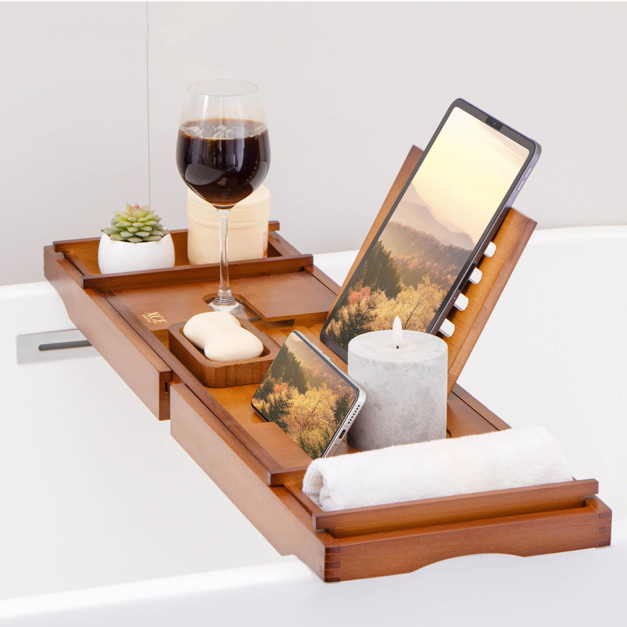 Built-in book stand elevates reading material above the water.