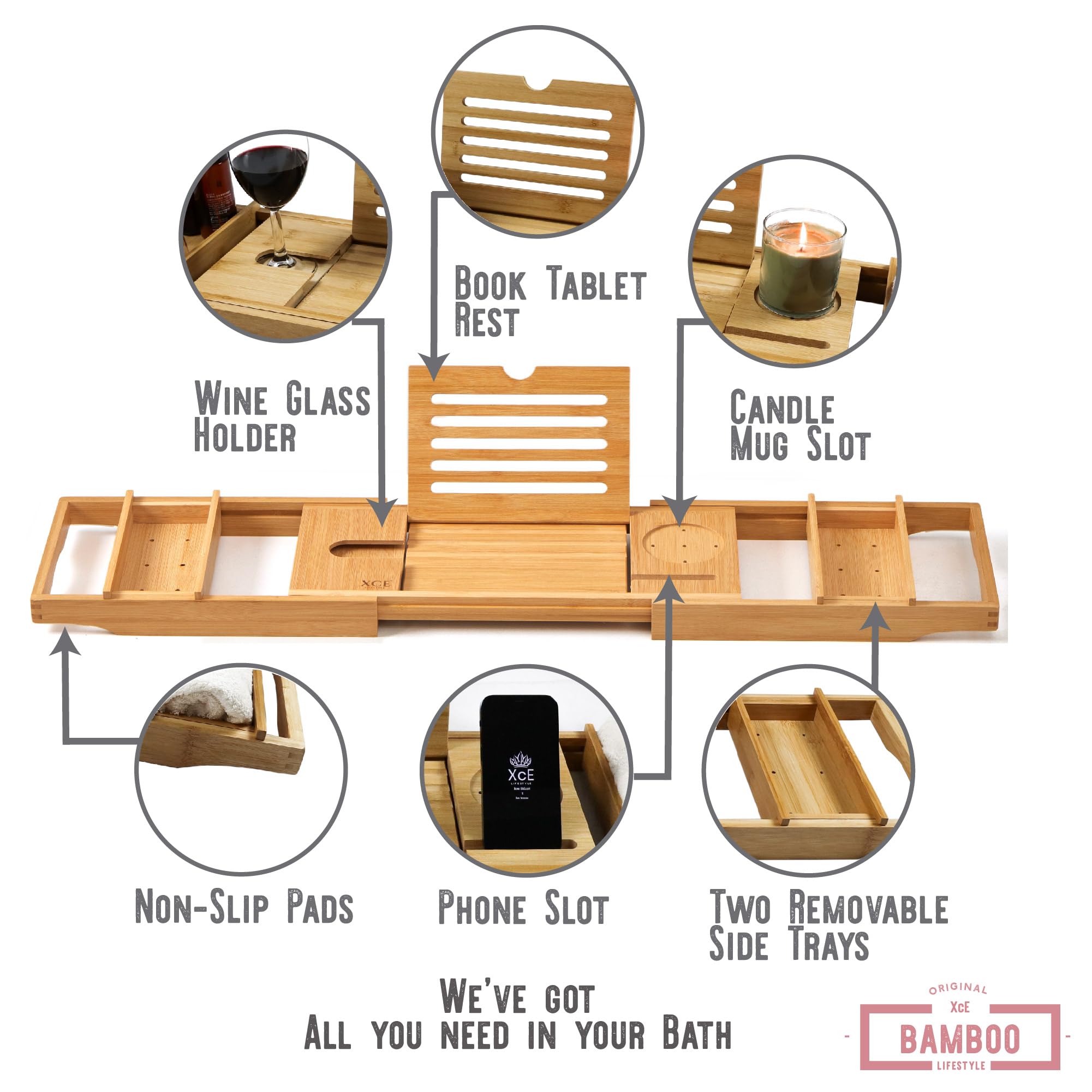 XcE Bamboo Bathtub Caddy book stand supports hands-free reading.