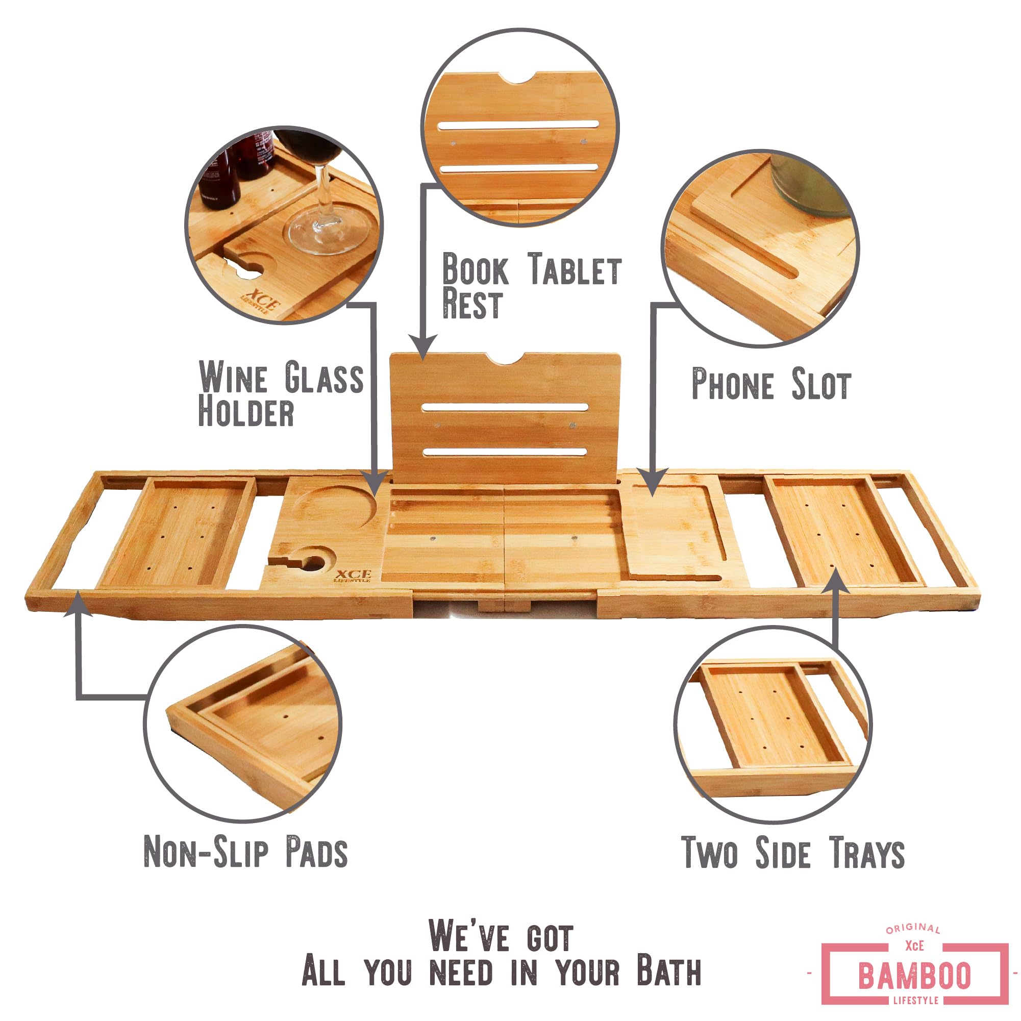 XcE bamboo caddy with dual side trays keeps essentials within reach