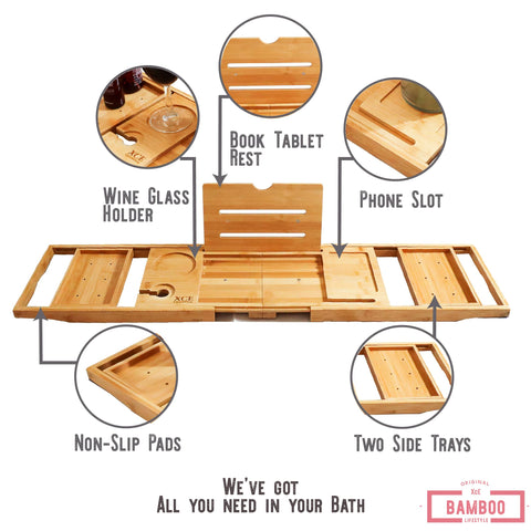 XcE bamboo caddy with dual side trays keeps essentials within reach