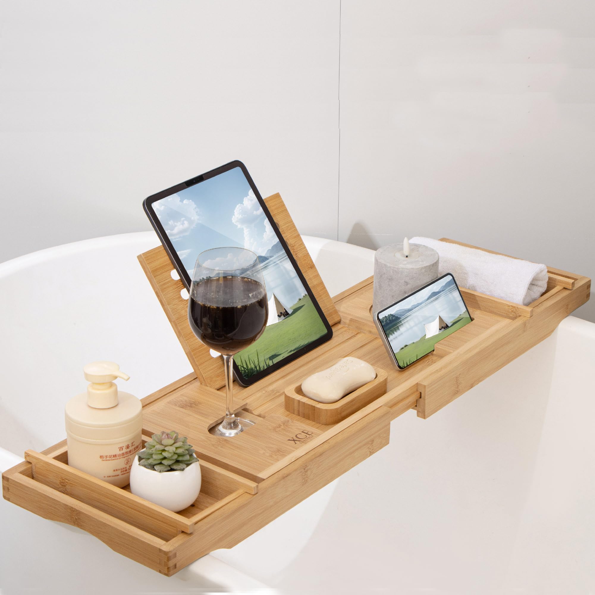 XcE Bamboo Bathtub Caddy easy-clean design simplifies maintenance after baths.